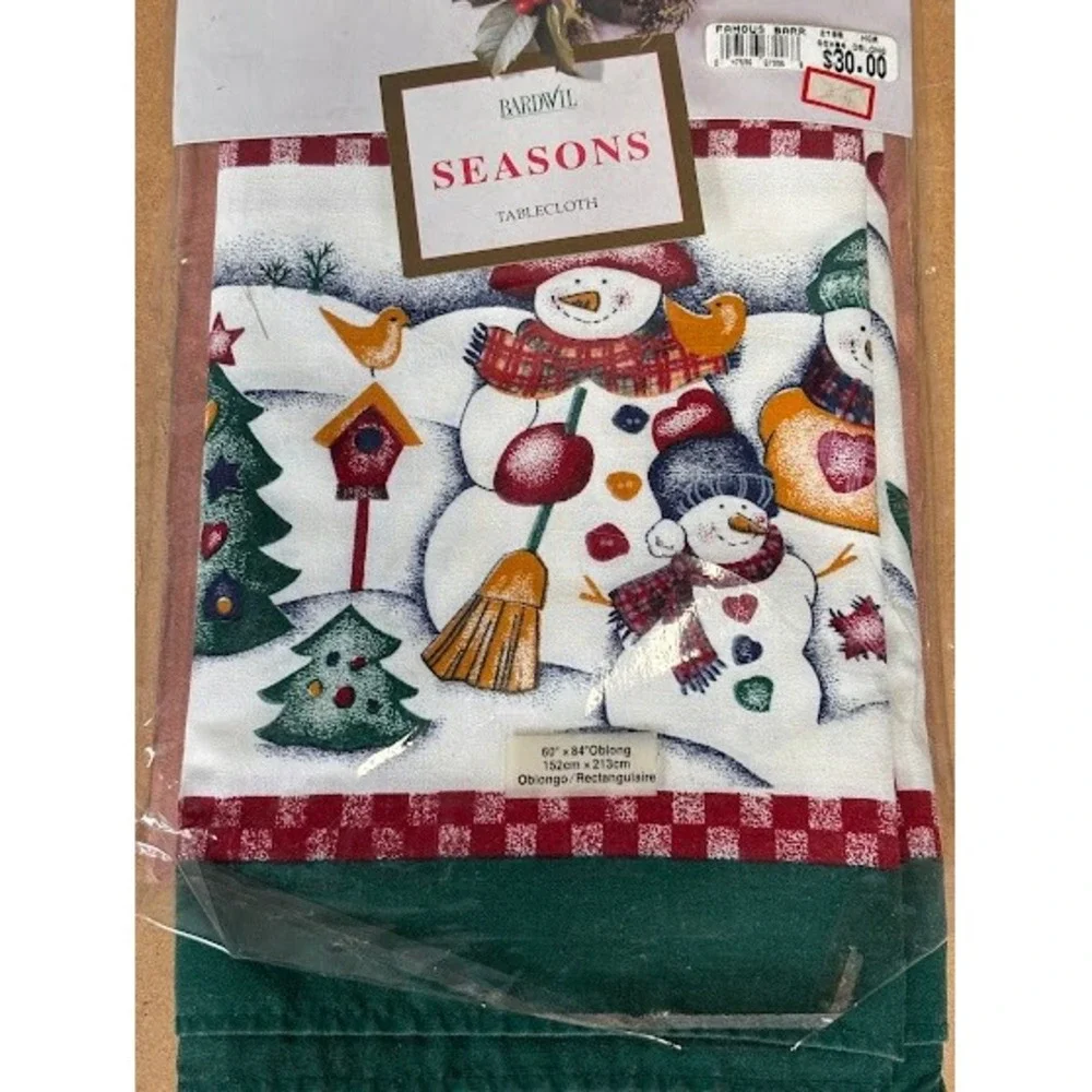 Bardwil Seasons‎ Snow Country Snowman Tablecloth 60x84 Oblong White Green Red